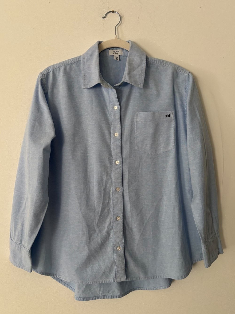 Crown & Ivy Womens Oxford Button Down Shirt Petite Medium PM Light Blue Stretch